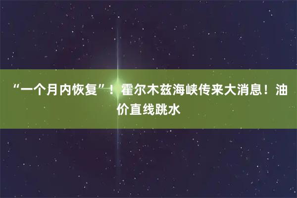 “一个月内恢复”！霍尔木兹海峡传来大消息！油价直线跳水